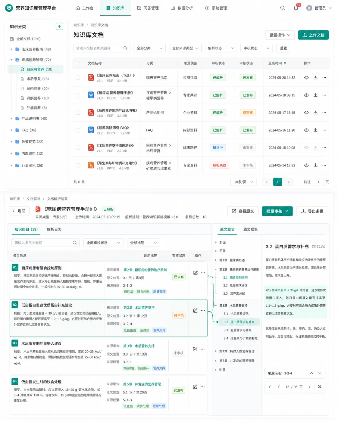 知识库文档列表与分类目录,知识条目与原文档章节对应